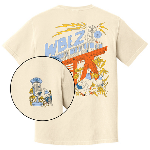 Cream-colored shirt with Elevated train tracks, microphone, pigeons, and wildflowers