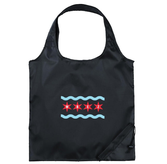 WBEZ HiFi Black Foldaway Tote with Blue Waves and Red Stars